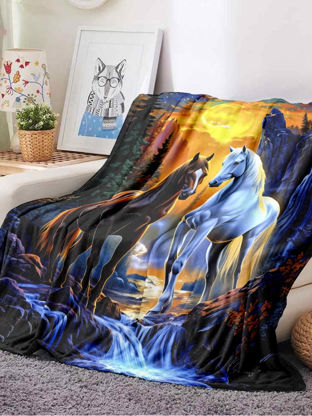 Mystic Horse Scenic Throw Blanket - Blue & Brown Horses - Picture 5 of 5